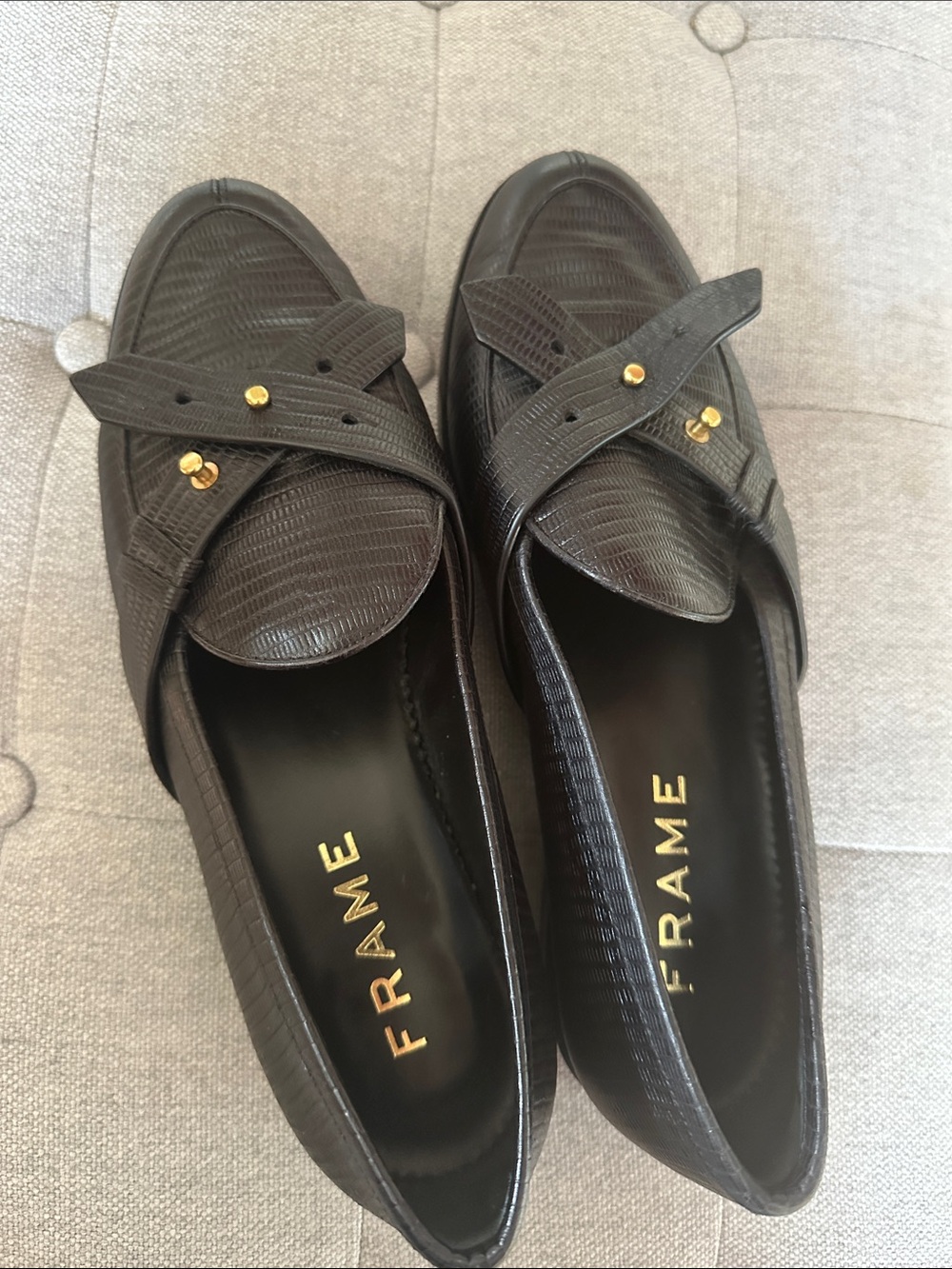 Frame Black Textured Loafers with Gold Stud Detail